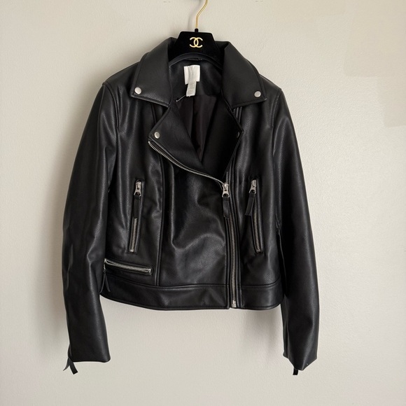 H&M women’s oversized biker moto faux leather jacket black size medium - Picture 1 of 8